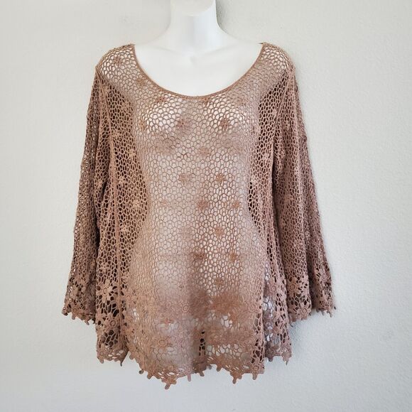 Bobeau Crochet Knit Top Small Brown Sheer Boho Floral Beachy Cover Up Festival - Picture 1 of 10